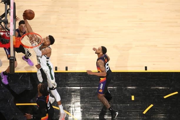 Giannis Antetokounmpo of the Milwaukee Bucks drives to the basket against the Phoenix Suns during Game Two of the 2021 NBA Finals on July 8, 2021 at...