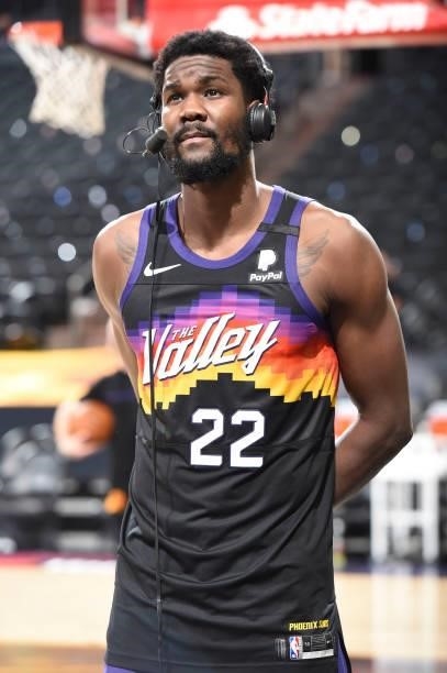 Deandre Ayton of the Phoenix Suns talks to the media after the game against the Milwaukee Bucks during Game Two of the 2021 NBA Finals on July 8,...