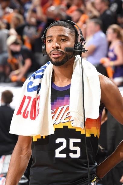 Mikal Bridges of the Phoenix Suns talks to the media after the game against the Milwaukee Bucks during Game Two of the 2021 NBA Finals on July 8,...
