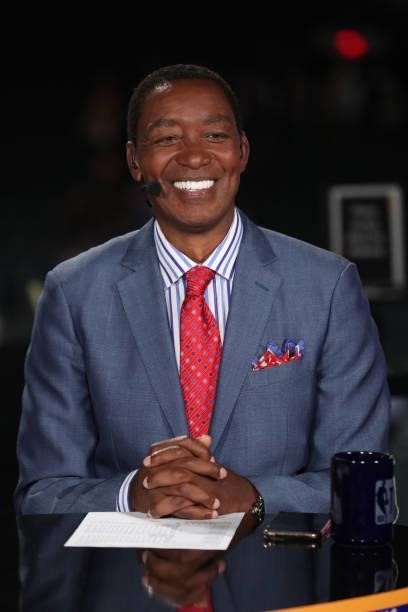 Analyst Isiah Thomas smiles before the game between the Milwaukee Bucks and the Phoenix Suns during Game Two of the 2021 NBA Finals on July 8, 2021...