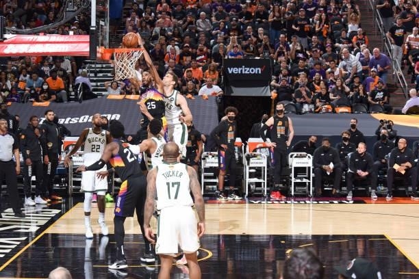 Mikal Bridges of the Phoenix Suns drives to the basket during the game against the Milwaukee Bucks during Game Two of the 2021 NBA Finals on July 8,...