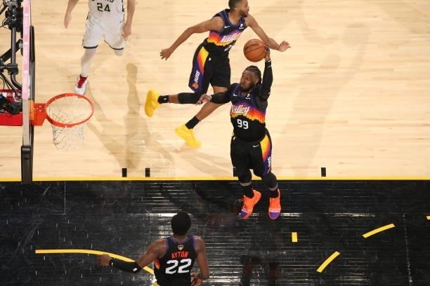Jae Crowder of the Phoenix Suns rebounds the ball against the Milwaukee Bucks during Game Two of the 2021 NBA Finals on July 8, 2021 at Phoenix Suns...