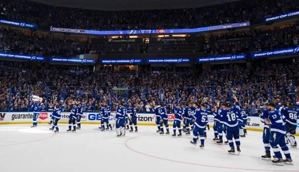 The Tampa Bay Lightning celebrate winning the Stanley Cup overhead after defeating the Montreal Canadiens in Game Five to win the best of seven game...