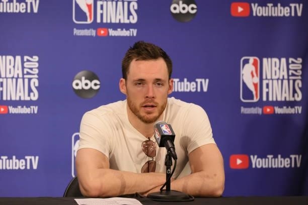 Pat Connaughton of the Milwaukee Bucks talks to the media after the game against the Phoenix Suns during Game Two of the 2021 NBA Finals on July 8,...