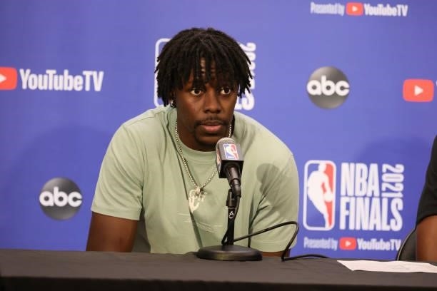 Jrue Holiday of the Milwaukee Bucks talks with the media after the game against the Phoenix Suns during Game Two of the 2021 NBA Finals on July 8,...