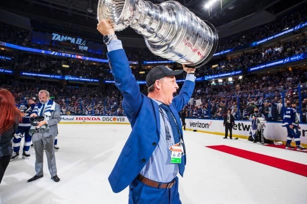 Steve Griggs, CEO of the Tampa Bay Lightning hoists the Stanley Cup overhead after the Tampa Bay Lightning defeated the Montreal Canadiens in Game...