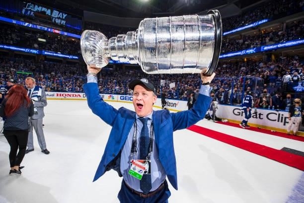 Steve Griggs, CEO of the Tampa Bay Lightning hoists the Stanley Cup overhead after the Tampa Bay Lightning defeated the Montreal Canadiens in Game...