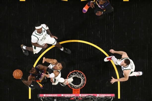 Deandre Ayton of the Phoenix Suns shoots the ball against the Milwaukee Bucks during Game Two of the 2021 NBA Finals on July 8, 2021 at Phoenix Suns...