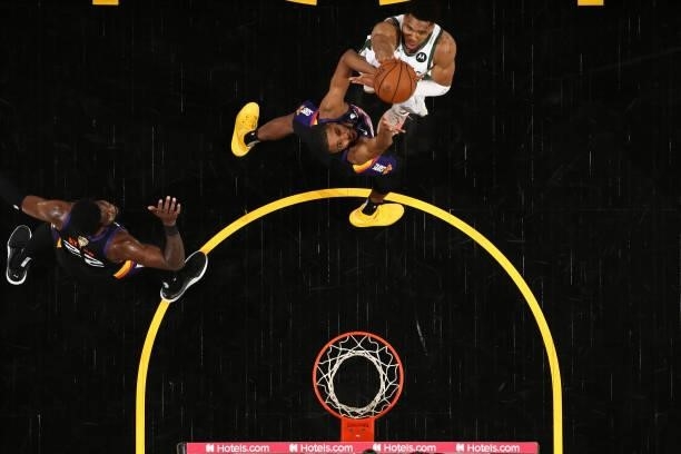 Giannis Antetokounmpo of the Milwaukee Bucks shoots the ball against the Phoenix Suns during Game Two of the 2021 NBA Finals on July 8, 2021 at...