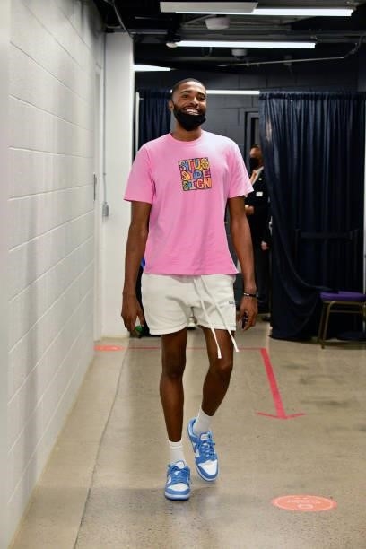 Mikal Bridges of the Phoenix Suns leaves the arena after winning Game Two of the 2021 NBA Finals against the Milwaukee Bucks on July 8, 2021 at...