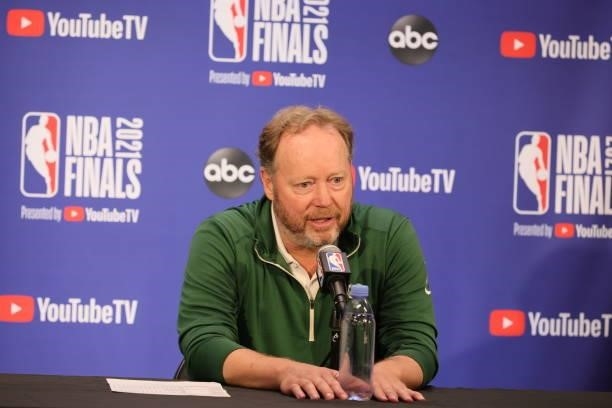 Head Coach Mike Budenholzer of the Milwaukee Bucks talks to the media after the game against the Phoenix Suns during Game Two of the 2021 NBA Finals...
