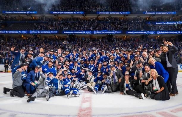 The Tampa Bay Lightning celebrate winning the Stanley Cup after the defeating the Montreal Canadiens in Game Five to win the best of seven game...