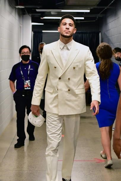 Devin Booker of the Phoenix Suns leaves the arena after winning Game Two of the 2021 NBA Finals against the Milwaukee Bucks on July 8, 2021 at...