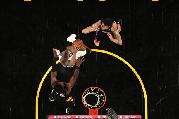Jeff Teague of the Milwaukee Bucks drives to the basket against the Phoenix Suns during Game Two of the 2021 NBA Finals on July 8, 2021 at Phoenix...