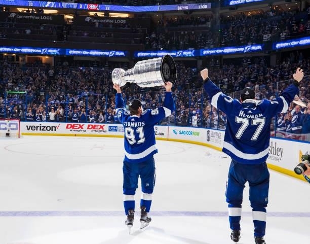 The Tampa Bay Lightning celebrate winning the Stanley Cup overhead after defeating the Montreal Canadiens in Game Five to win the best of seven game...