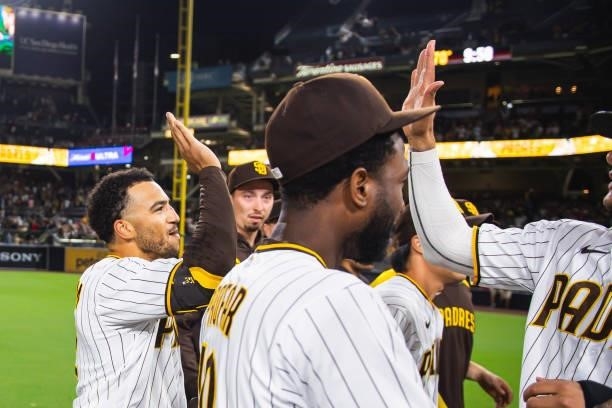 Trent Grisham of the San Diego Padres celebrates after defeating the Washington Nationals on July 8, 2021 at Petco Park in San Diego, California.