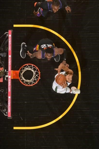 Giannis Antetokounmpo of the Milwaukee Bucks shoots the ball during the game against the Phoenix Suns during Game Two of the 2021 NBA Finals on July...