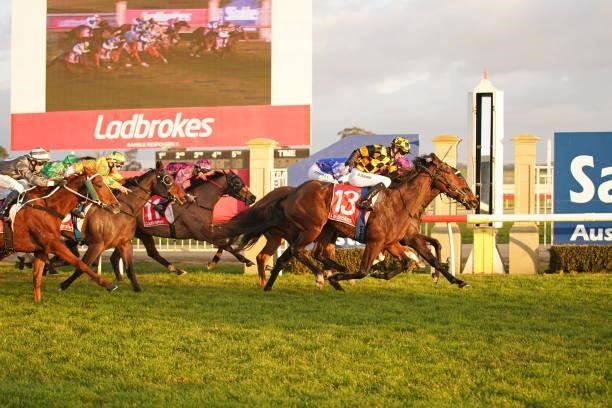 Silver Lake ridden by Damien Thornton wins the Flying Colours Sale BM64 Handicap at Sale Racecourse on July 09, 2021 in Sale, Australia.