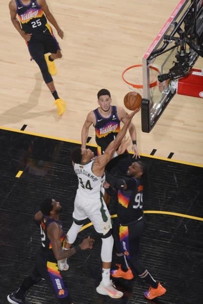 Giannis Antetokounmpo of the Milwaukee Bucks shoots the ball during the game against the Phoenix Suns during Game Two of the 2021 NBA Finals on July...