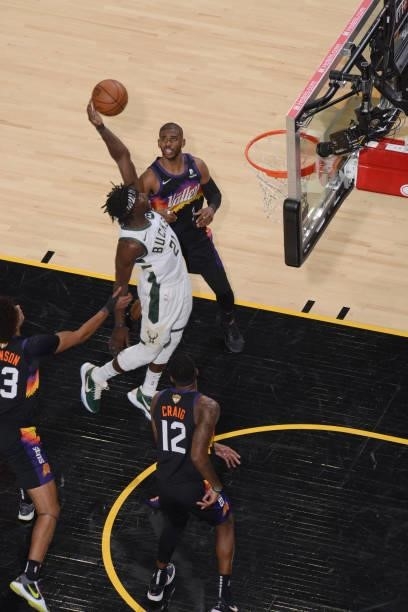 Jrue Holiday of the Milwaukee Bucks dunks the ball during the game against the Phoenix Suns during Game Two of the 2021 NBA Finals on July 8, 2021 at...