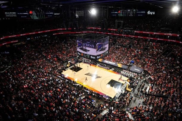 View of the Phoenix Suns Arena during Game Two of the 2021 NBA Finals between the Phoenix Suns and the Milwaukee Bucks on July 8, 2021 at Phoenix...