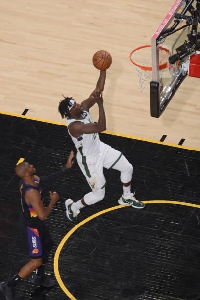 Jrue Holiday of the Milwaukee Bucks shoots the ball during the game against the Phoenix Suns during Game Two of the 2021 NBA Finals on July 8, 2021...