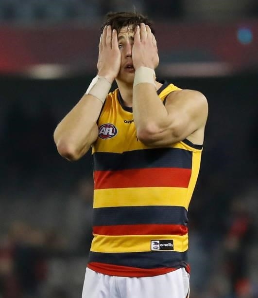 Jake Kelly of the Crows looks dejected after a loss during the 2021 AFL Round 17 match between the Essendon Bombers and the Adelaide Crows at Marvel...