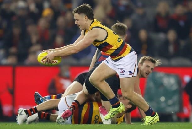 James Rowe of the Crows in action during the 2021 AFL Round 17 match between the Essendon Bombers and the Adelaide Crows at Marvel Stadium on July 9,...