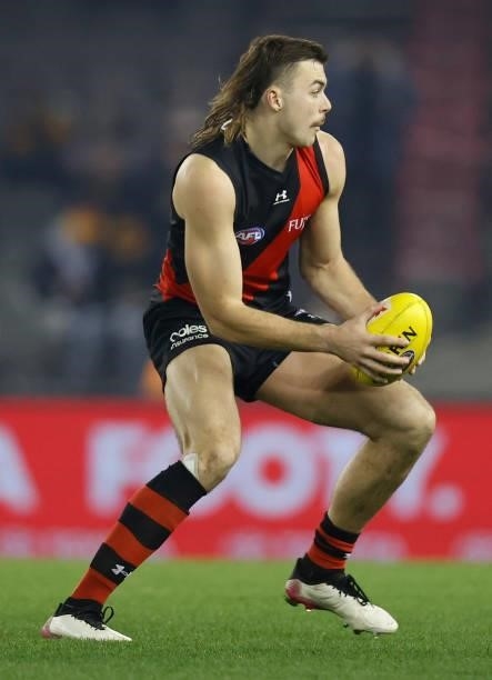 Sam Draper of the Bombers in action during the 2021 AFL Round 17 match between the Essendon Bombers and the Adelaide Crows at Marvel Stadium on July...