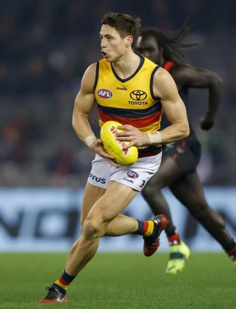 Jake Kelly of the Crows in action during the 2021 AFL Round 17 match between the Essendon Bombers and the Adelaide Crows at Marvel Stadium on July 9,...