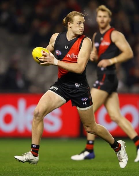 Mason Redman of the Bombers in action during the 2021 AFL Round 17 match between the Essendon Bombers and the Adelaide Crows at Marvel Stadium on...