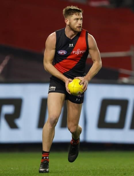 Jayden Laverde of the Bombers in action during the 2021 AFL Round 17 match between the Essendon Bombers and the Adelaide Crows at Marvel Stadium on...