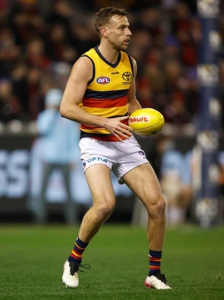 Brodie Smith of the Crows in action during the 2021 AFL Round 17 match between the Essendon Bombers and the Adelaide Crows at Marvel Stadium on July...