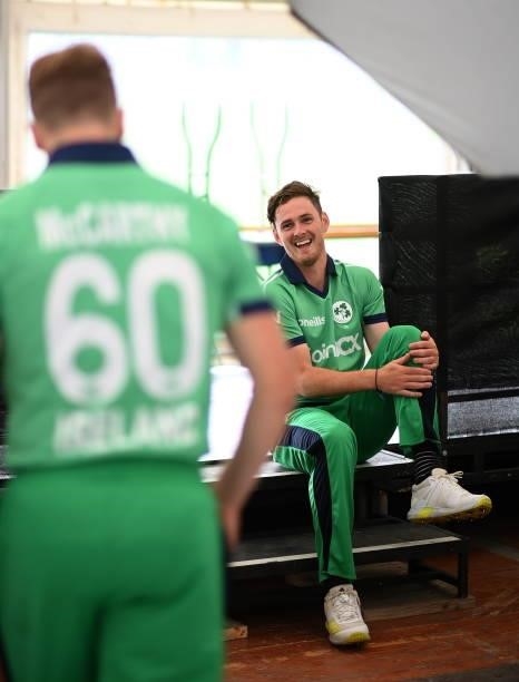 Dublin , Ireland - 9 July 2021; Mark Adair, right, and Barry McCarthy during a Cricket Ireland portrait session session at Malahide Cricket Club in...