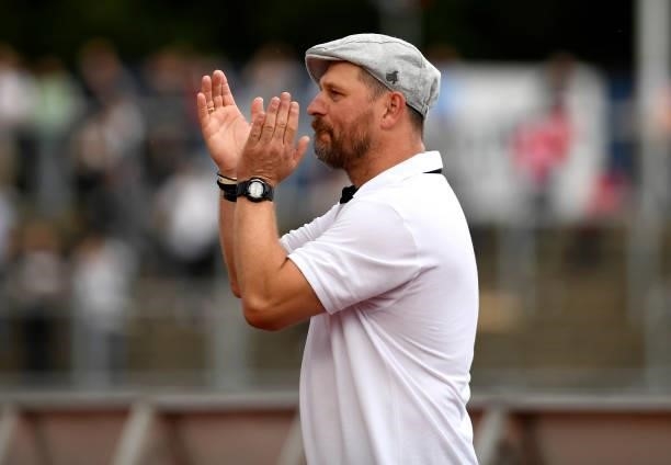 Head coach Steffen Baumgart of 1. FC Koeln gestures during the Pre-Season Friendly match between Fortuna Koeln and 1. FC Koeln at Suedstadion on July...