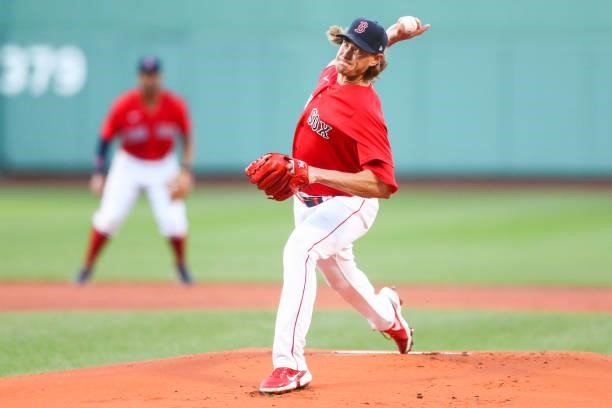 Garrett Richards of the Boston Red Sox pitches in the first inning of a game against the Philadelphia Phillies at Fenway Park on July 9, 2021 in...