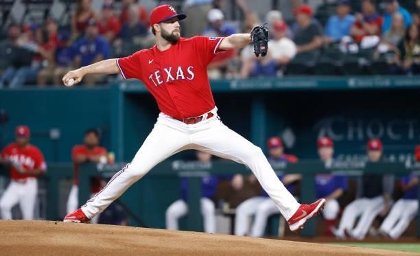 Jordan Lyles of the Texas Rangers pitches against the Oakland Athletics during the first inning at Globe Life Field on July 9, 2021 in Arlington,...