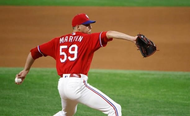 Brett Martin of the Texas Rangers pitches against the Oakland Athletics during the seventh inning at Globe Life Field on July 9, 2021 in Arlington,...