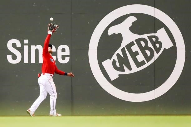Alex Verdugo of the Boston Red Sox makes a catch in the fifth inning of a game against the Philadelphia Phillies at Fenway Park on July 9, 2021 in...