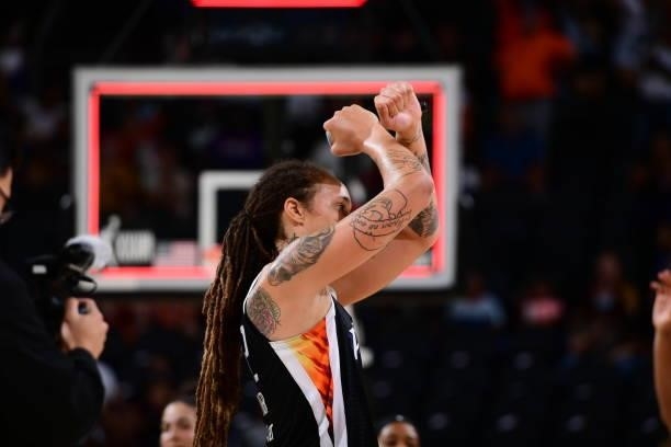 Brittney Griner of the Phoenix Mercury celebrates after the win against the Seattle Storm on July 9, 2021 at Phoenix Suns Arena in Phoenix, Arizona....