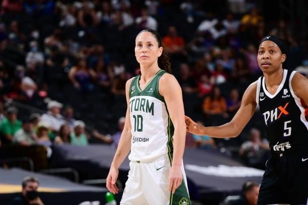 Sue Bird of the Seattle Storm looks on during the game against the Phoenix Mercury on July 9, 2021 at Phoenix Suns Arena in Phoenix, Arizona. NOTE TO...