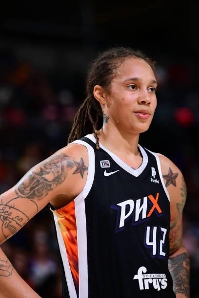 Brittney Griner of the Phoenix Mercury smiles during the game against the Seattle Storm on July 9, 2021 at Phoenix Suns Arena in Phoenix, Arizona....
