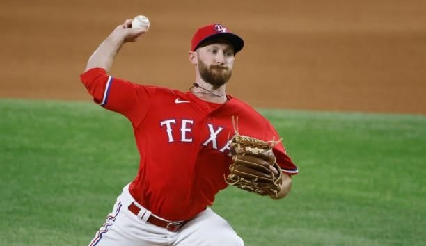 Spencer Patton of the Texas Rangers pitches against the Oakland Athletics during the eighth inning at Globe Life Field on July 9, 2021 in Arlington,...