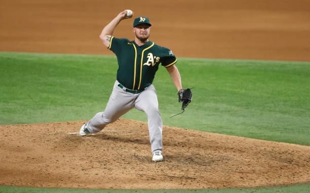 Wendelken of the Oakland Athletics pitches against the Texas Rangers during the seventh inning at Globe Life Field on July 9, 2021 in Arlington,...
