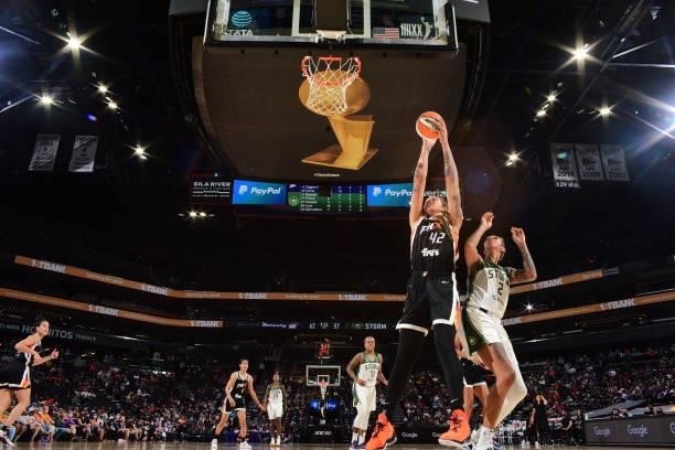 Brittney Griner of the Phoenix Mercury rebounds against the Seattle Storm on July 9, 2021 at Phoenix Suns Arena in Phoenix, Arizona. NOTE TO USER:...