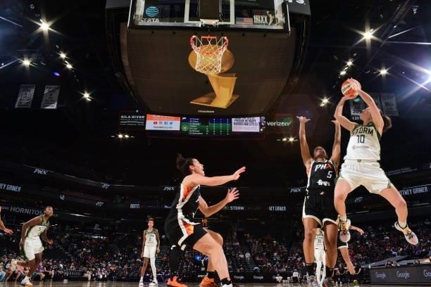Sue Bird of the Seattle Storm shoots the ball against the Phoenix Mercury on July 9, 2021 at Phoenix Suns Arena in Phoenix, Arizona. NOTE TO USER:...