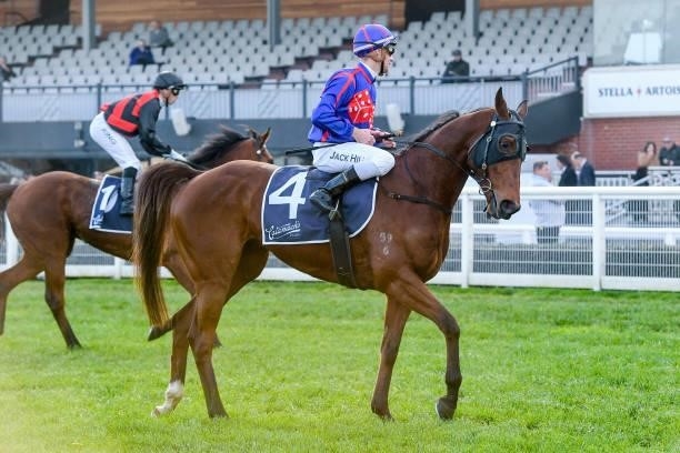 Jack Hill returns to the mounting yard on Scottish Dancer after winning the Catanach's Jewellers Handicap at Caulfield Racecourse on July 10, 2021 in...