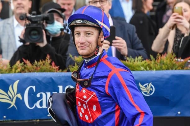 Jack Hill after winning the Catanach's Jewellers Handicap at Caulfield Racecourse on July 10, 2021 in Caulfield, Australia.