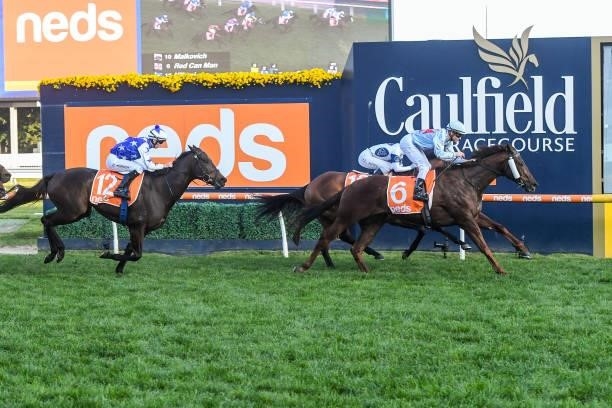 Red Can Man ridden by Ben Melham wins the Neds Sir John Monash Stakes at Caulfield Racecourse on July 10, 2021 in Caulfield, Australia.