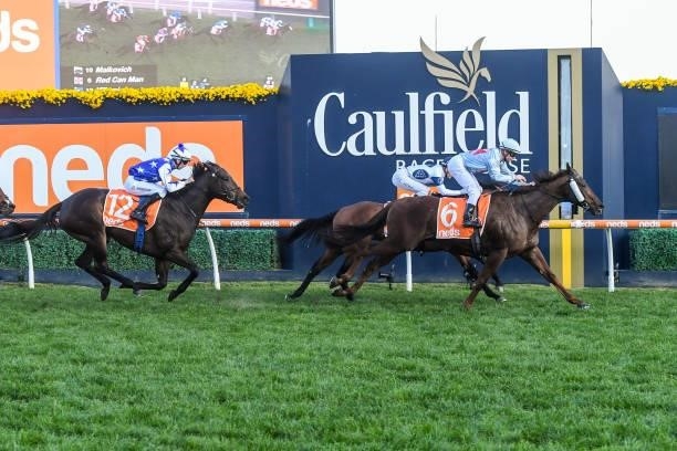 Red Can Man ridden by Ben Melham wins the Neds Sir John Monash Stakes at Caulfield Racecourse on July 10, 2021 in Caulfield, Australia.